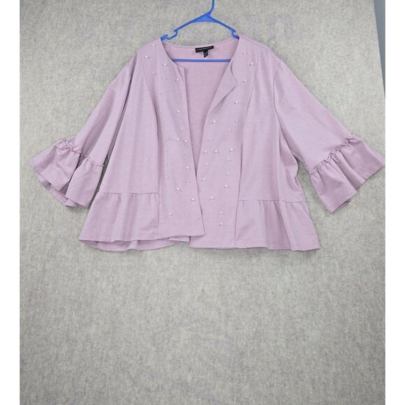 Lane Bryant Womens Open Cardigan Pink Ruffled 3/4 Sleeves Pearl Embellished - Picture 1 of 7